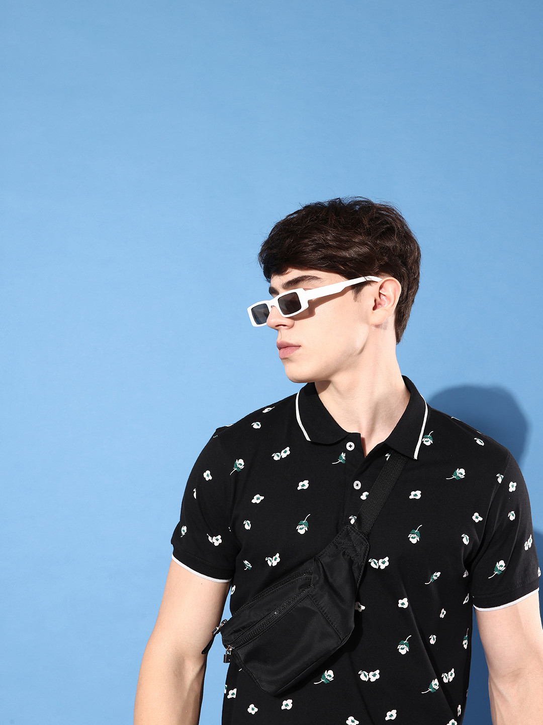 

Mast & Harbour Floral Printed Polo Collar Pure Cotton T-shirt, Black