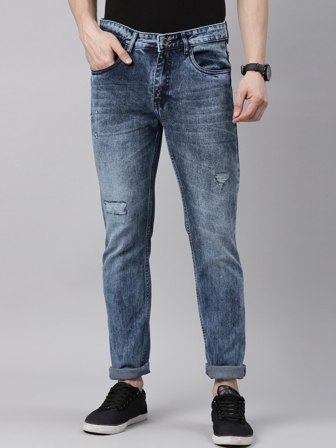 

CINOCCI Men Slim Fit Low Distress Heavy Fade Stretchable Jeans, Blue