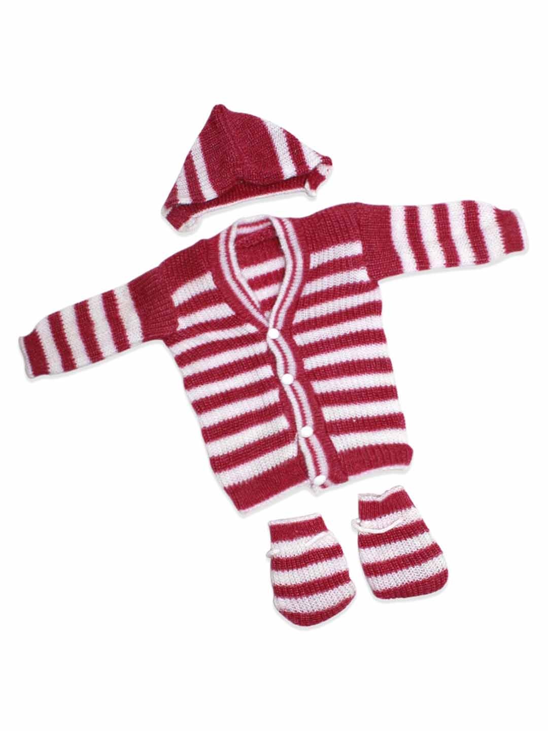 

Born Babies Unisex Kids Maroon & White Striped Wool Sweater With Cap & Socks