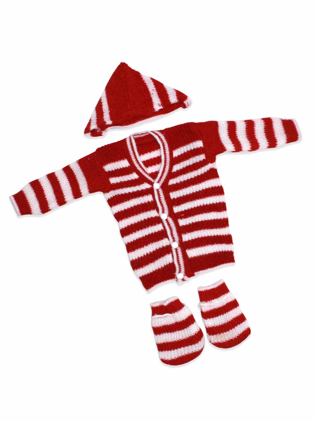 

Born Babies Unisex Kids Striped Wool Sweater With Cap & Socks, Red