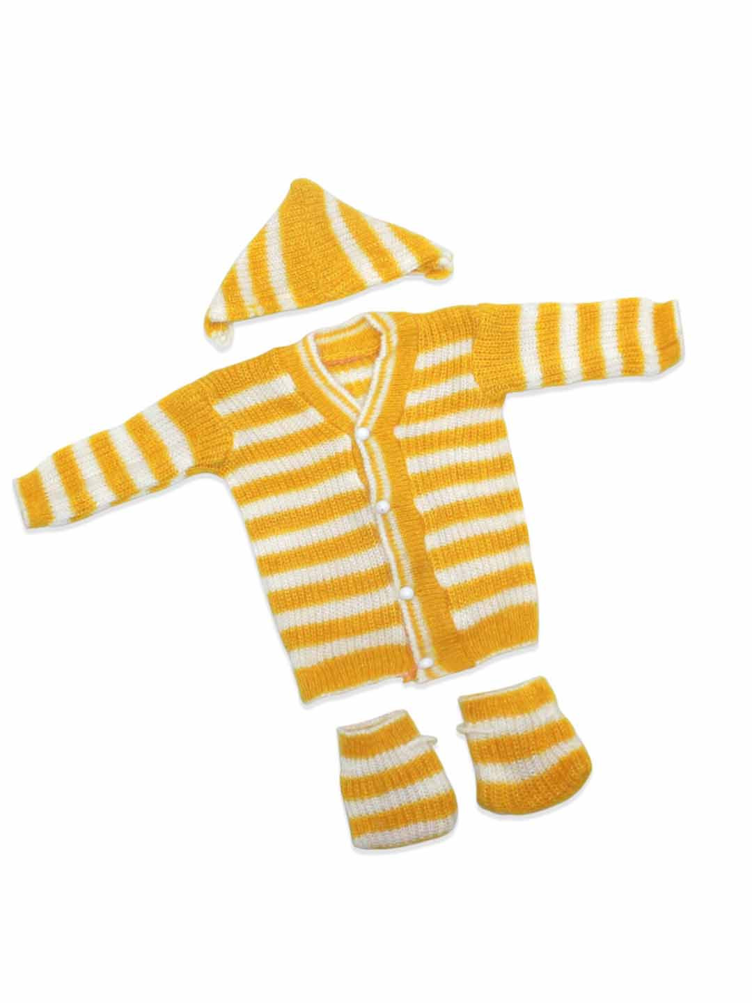 

Born Babies Unisex Kids Striped Wool Sweater With Cap & Socks, Yellow