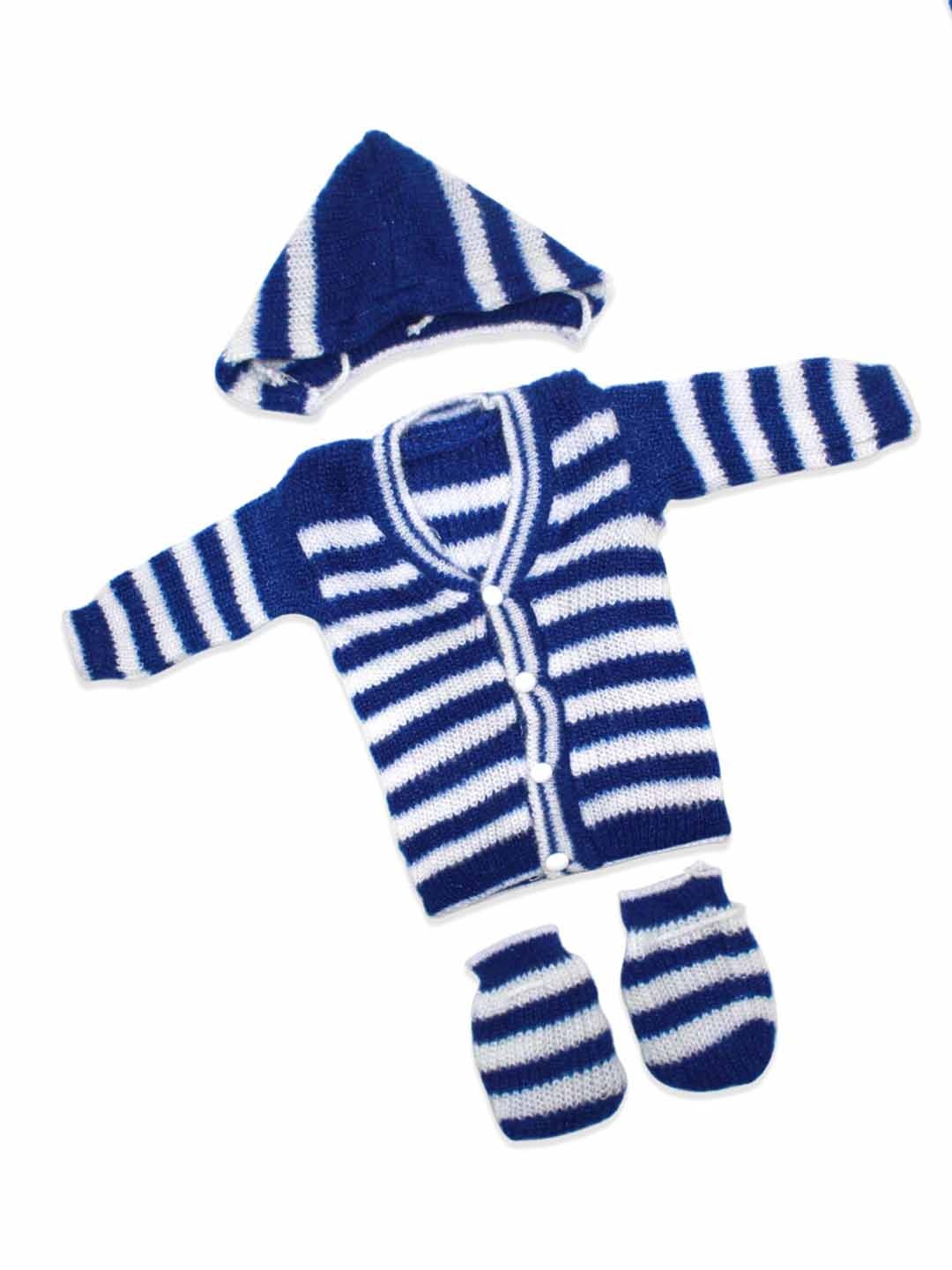 

Born Babies Unisex Kids Striped Wool Sweater With Cap & Socks, Navy blue