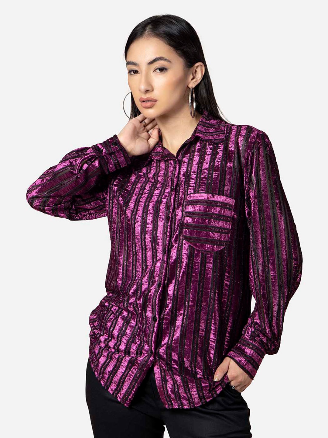 

NEOFAA Women Striped Velvet Shirt, Purple