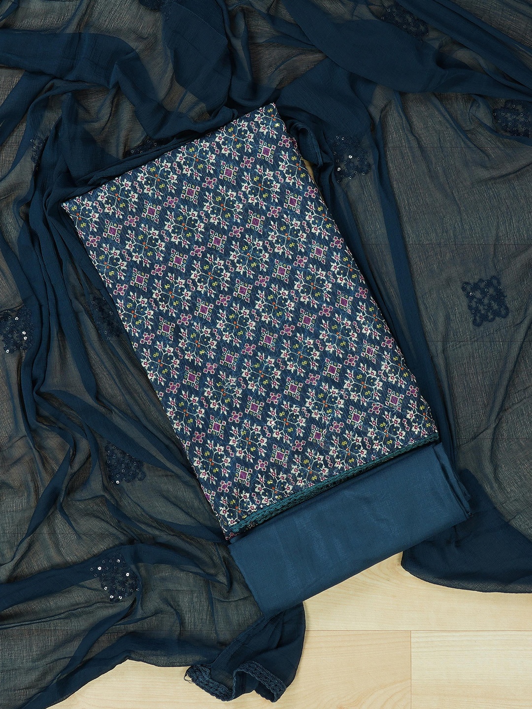 

Kalamandir Ethnic Printed Unstitched Dress Material, Navy blue