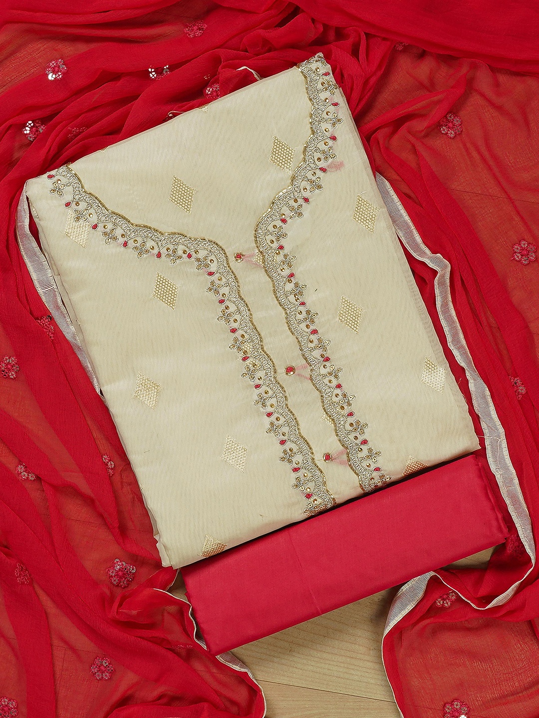 

Kalamandir Sequinned Embellished Unstitched Dress Material, Cream