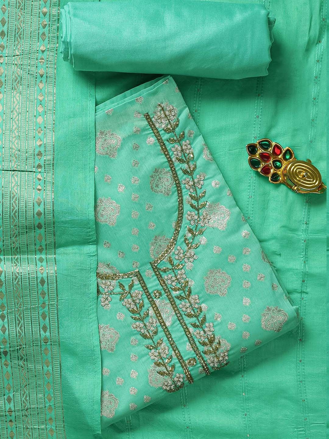 

Kalamandir Floral Woven Design Unstitched Dress Material, Sea green