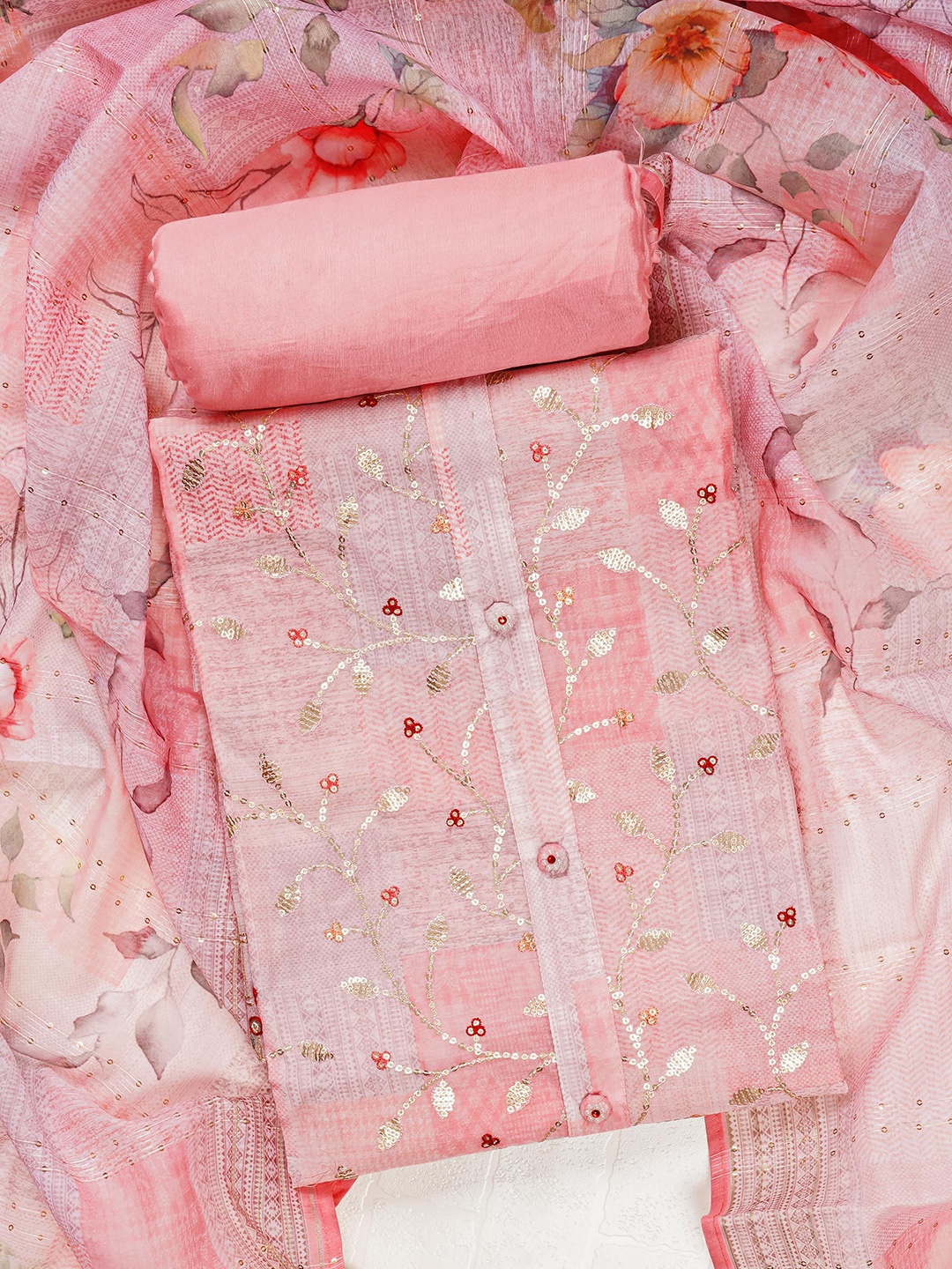 

Kalamandir Floral Embroidered Unstitched Dress Material With Pure Cotton Dupatta, Pink