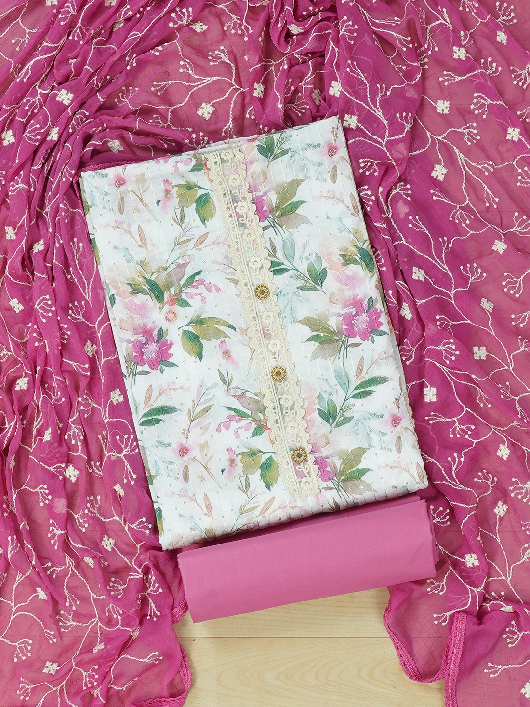 

Kalamandir White & Pink Printed Unstitched Dress Material