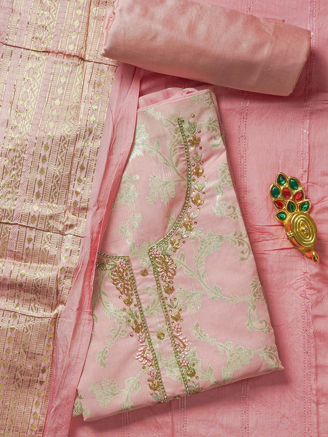 

Kalamandir Floral Printed Zari Unstitched Dress Material With Bottom & Dupatta, Peach