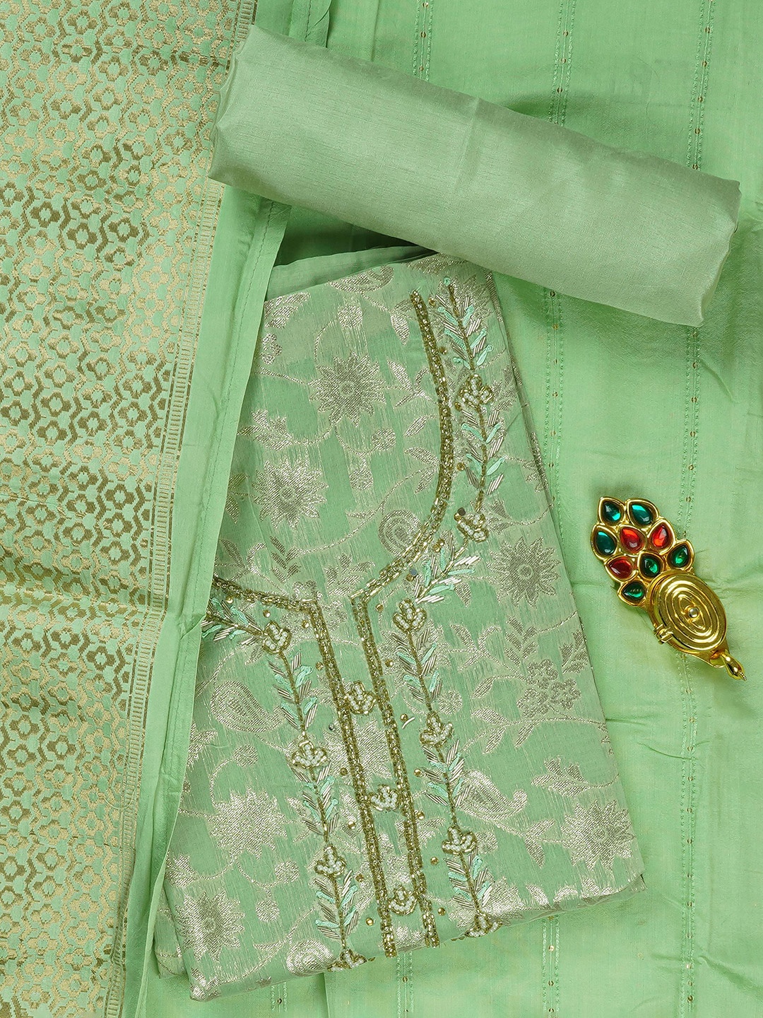

Kalamandir Floral Woven Design Zari Unstitched Dress Material, Green