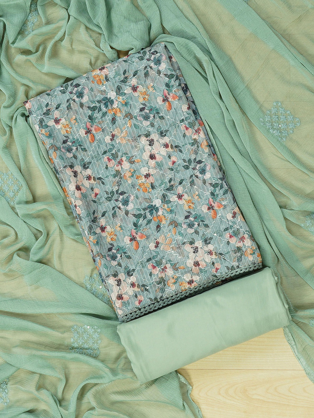 

Kalamandir Grey & Green Printed Unstitched Dress Material