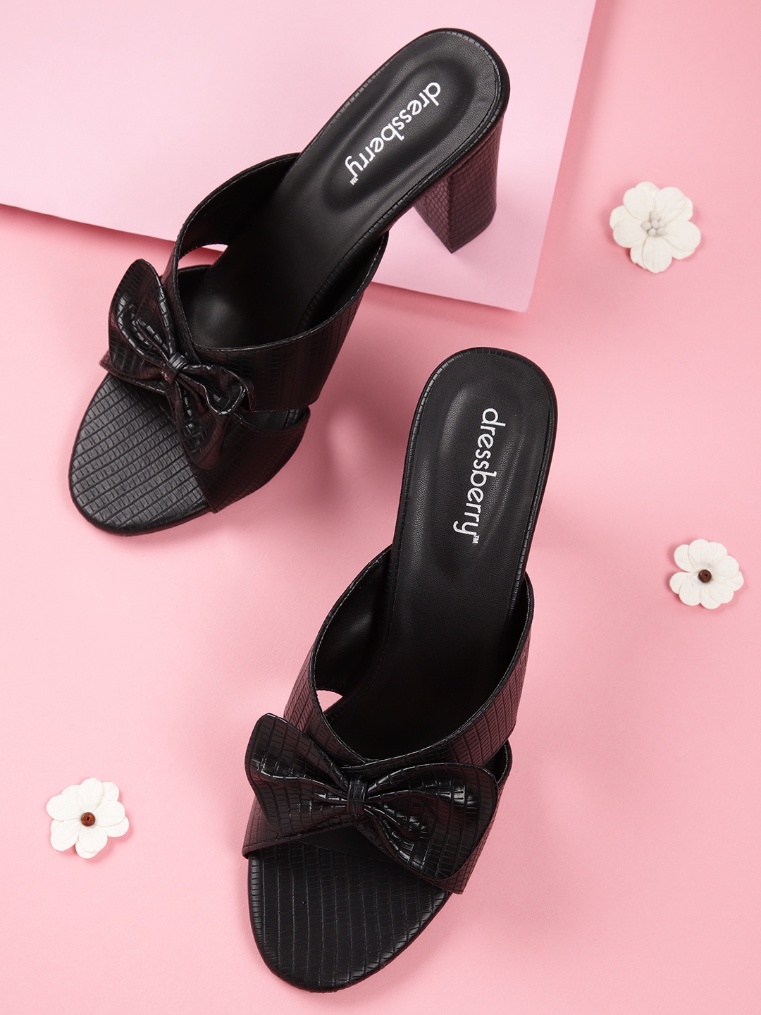 

DressBerry Textured Block Heels with Bow Detail, Black