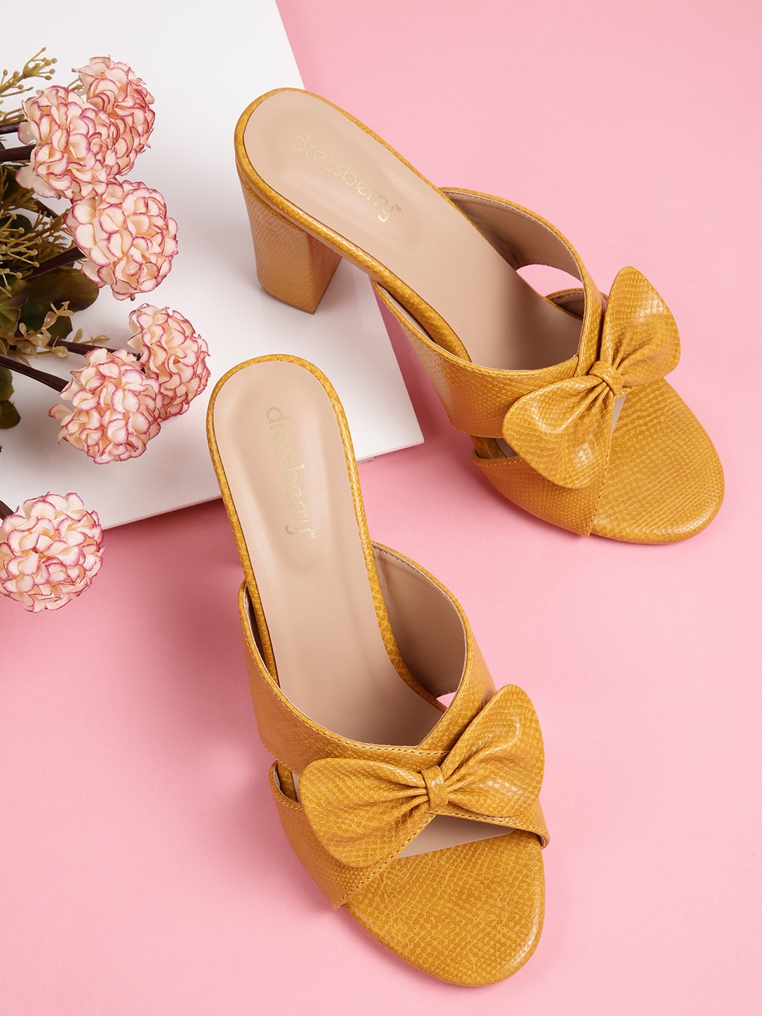 

DressBerry Textured Block Heels with Bow Detail, Mustard