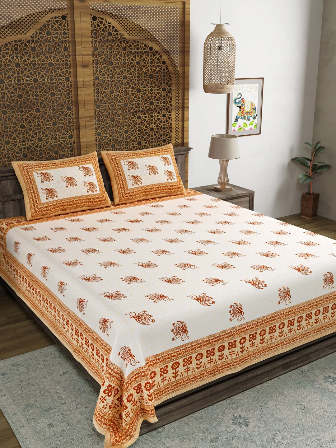 

BLOCKS OF INDIA Brown & White 210 TC Cotton King Bedsheet with 2 Pillow Covers