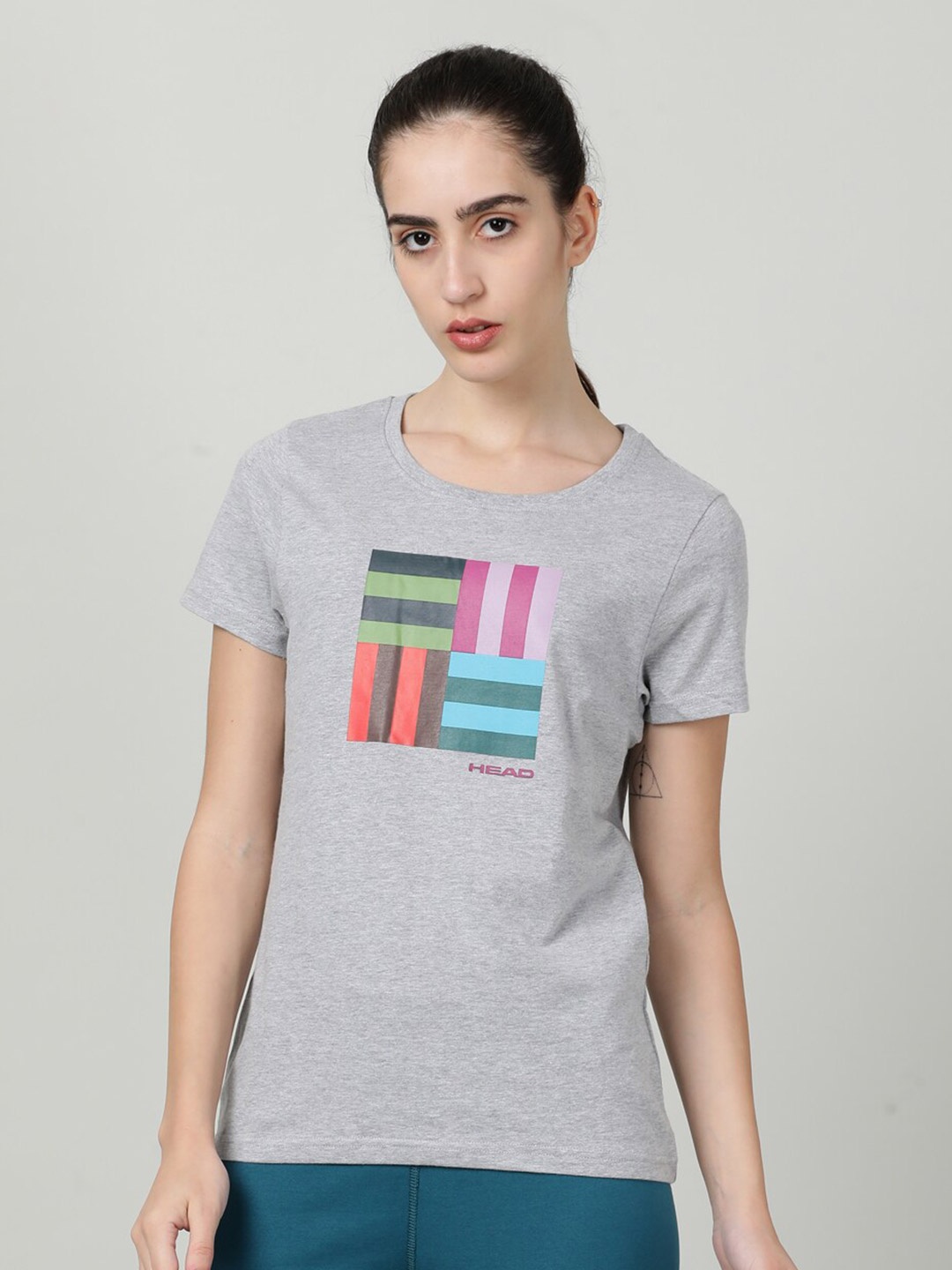 

Head Women Printed Cotton T-shirt, Grey melange