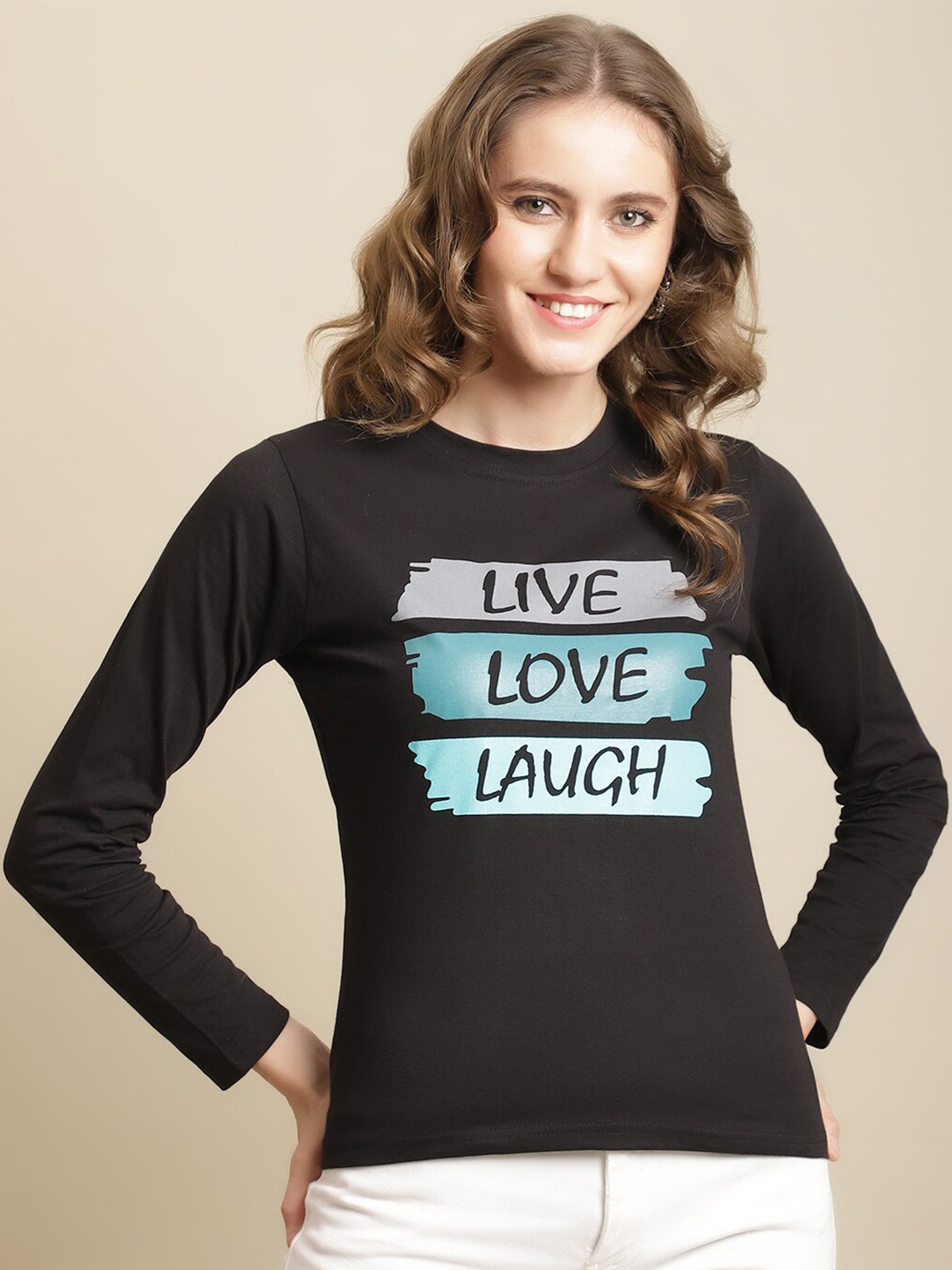 

Fabflee Women Typography Printed Long Sleeve Cotton Casual T-shirt, Black