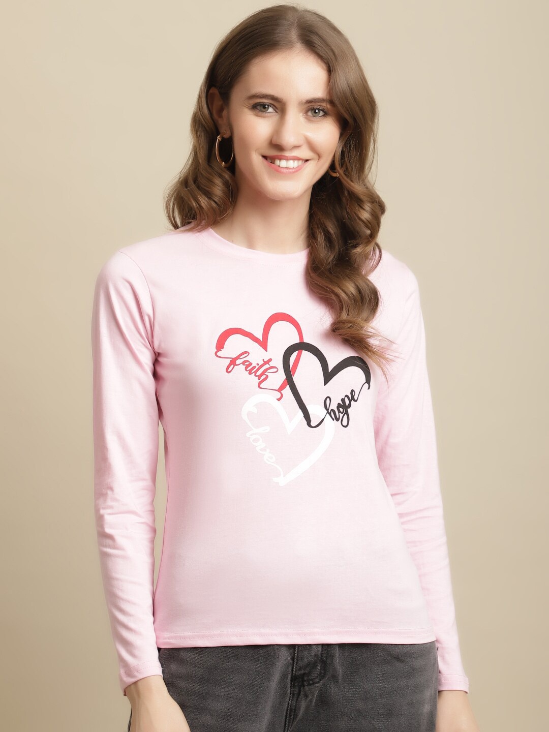 

Fabflee Women Typography Printed Long Sleeve Cotton T-shirt, Pink
