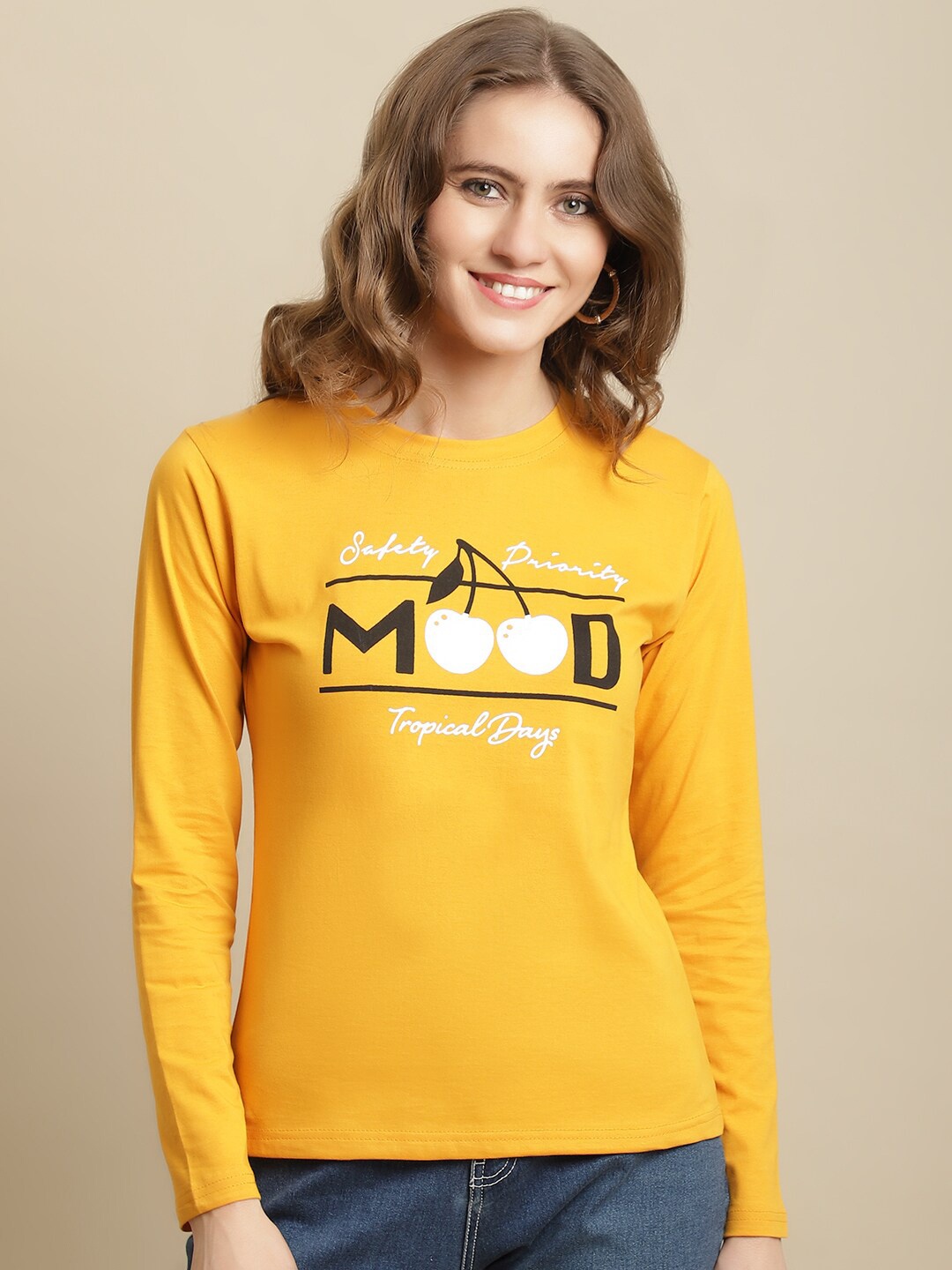 

Fabflee Women Typography Printed Long Sleeve Soft Cotton Sweatshirt Casual T-shirt, Yellow