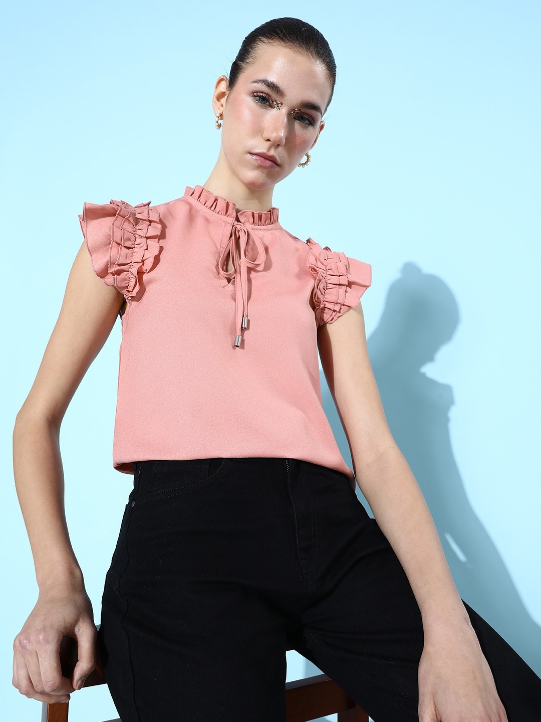 

her by invictus Rose Pink Romance Ramble Mandarin Collar Flutter Sleeves Meadow Flora Top