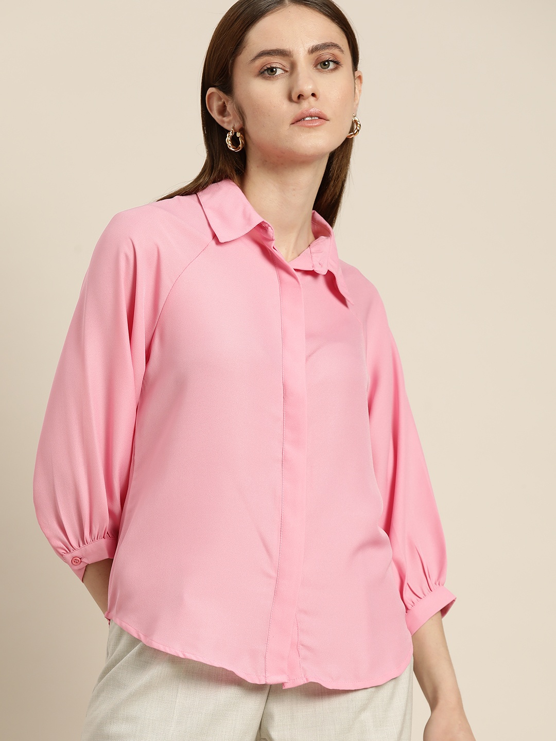 

her by invictus Puff Sleeves Casual Shirt, Pink