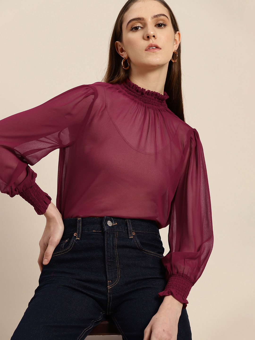 

her by invictus Sheer High Neck Top, Maroon