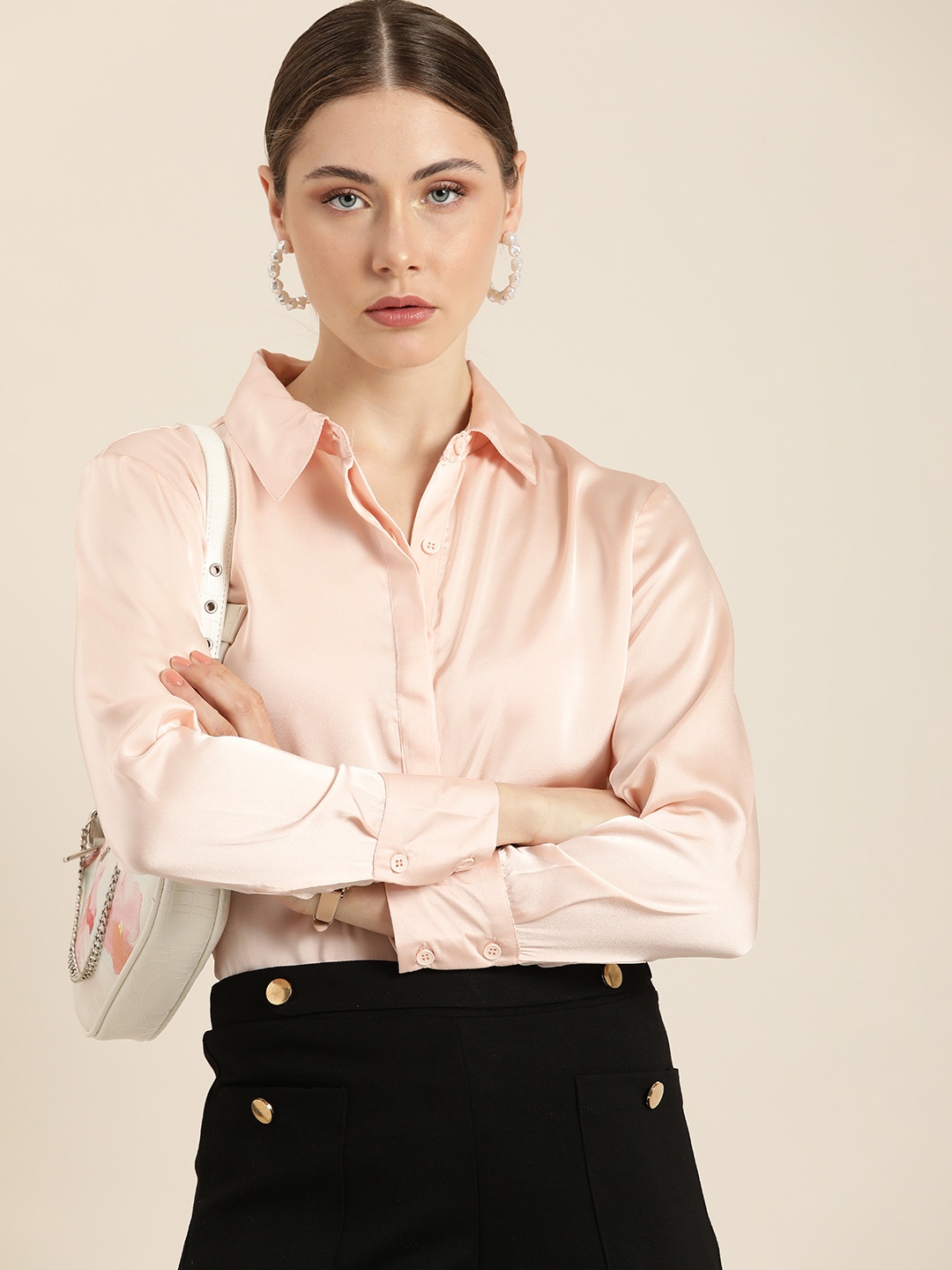 

her by invictus Women Satin Finish Spread Collar Casual Shirt, Peach