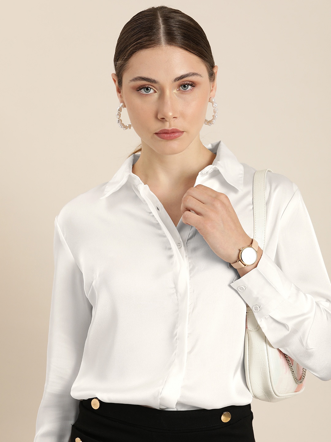 

her by invictus Women Satin Finish Spread Collar Casual Shirt, White
