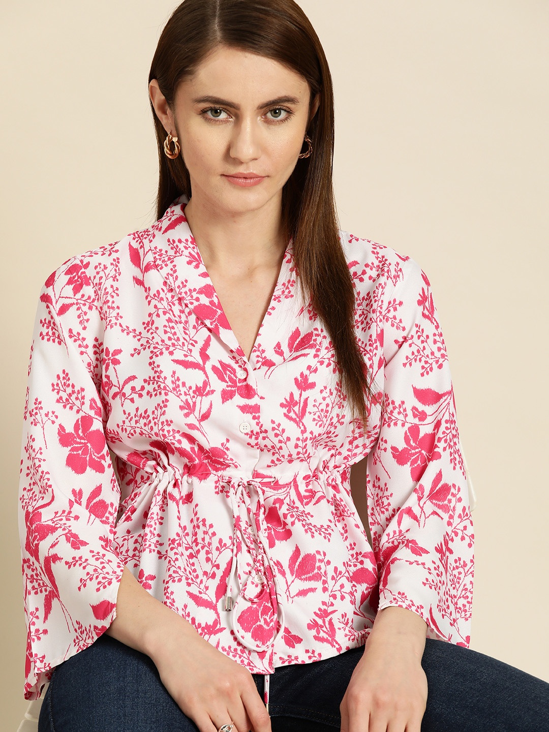 

her by invictus Valentine Special Shawl Collar Floral Print Top, White