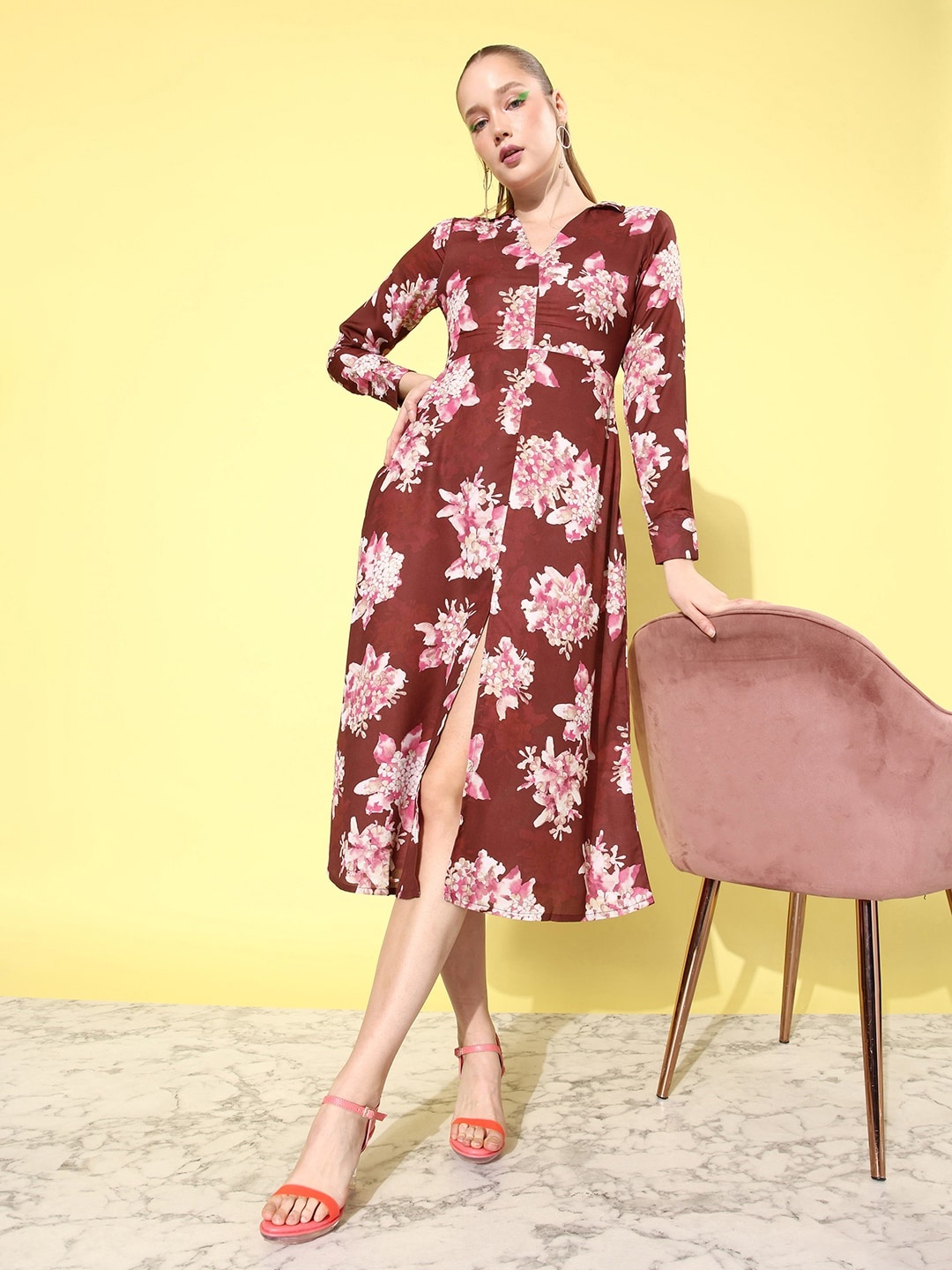

her by invictus Floral Print A-Line Slit Midi Dress, Maroon