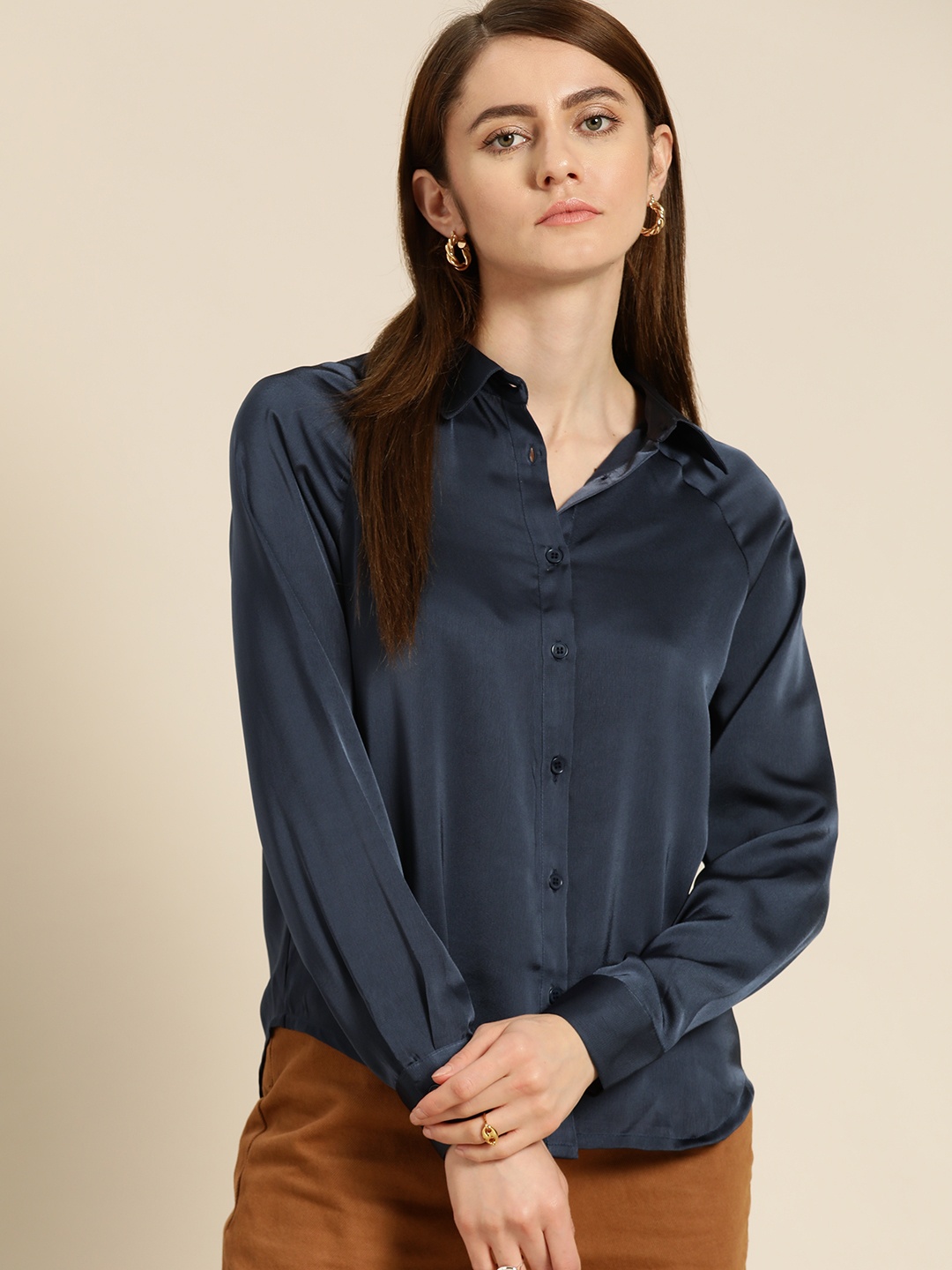 

her by invictus Valentine Special Satin-Finish Semiformal Shirt, Navy blue