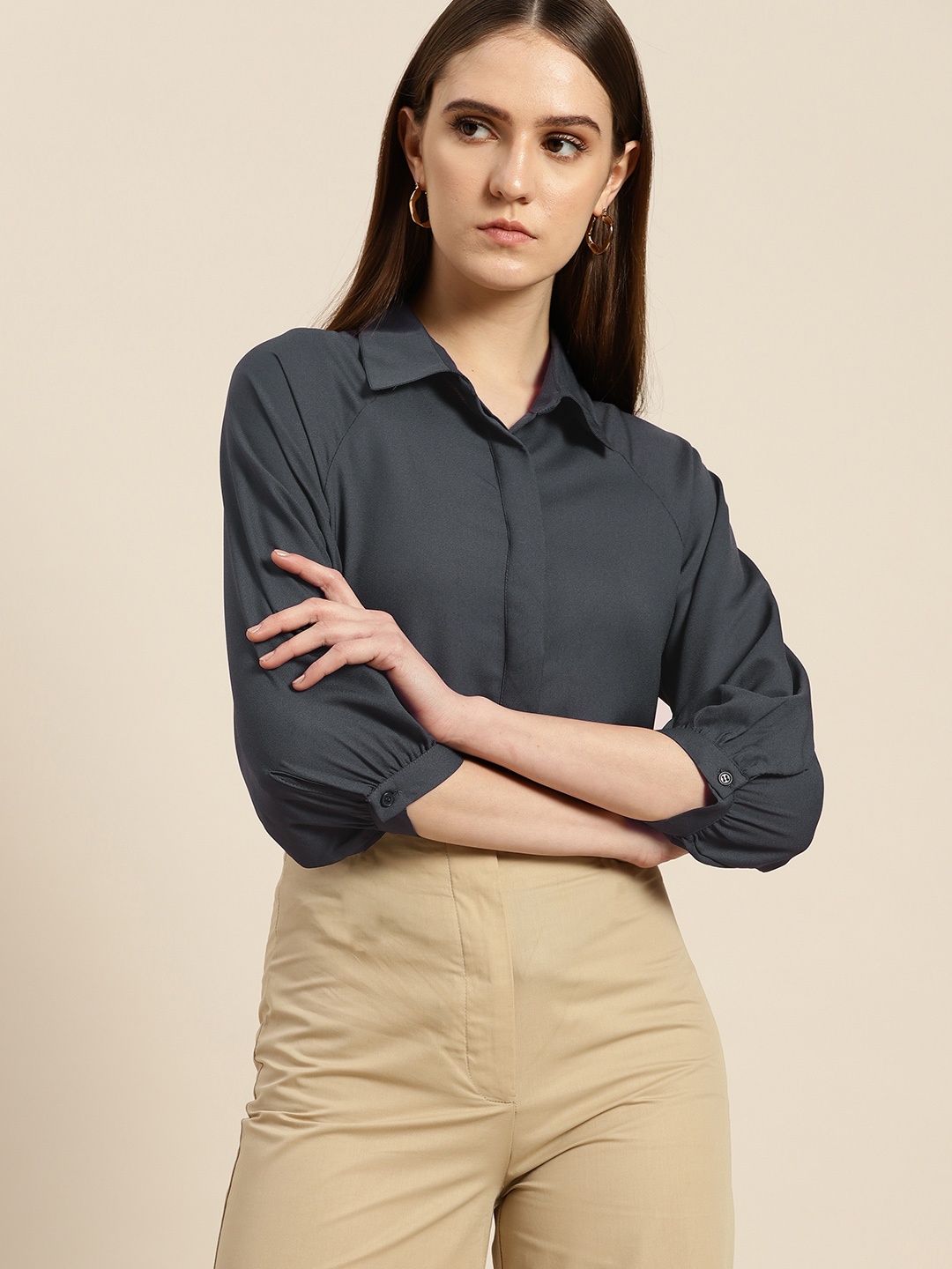 

her by invictus Puff Sleeves Semiformal Shirt, Charcoal