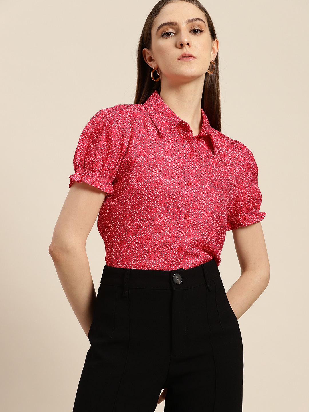 

her by invictus Printed Puff Sleeves Semiformal Shirt, Red