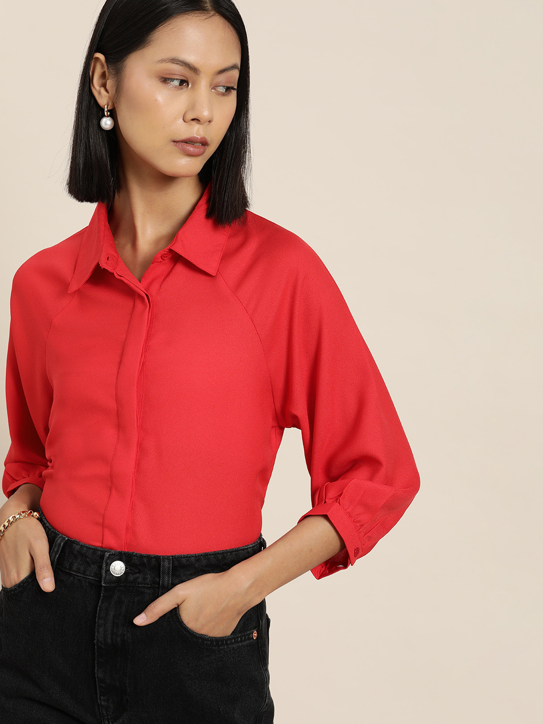 

her by invictus Women Solid Raglan Sleeves Casual Shirt, Red