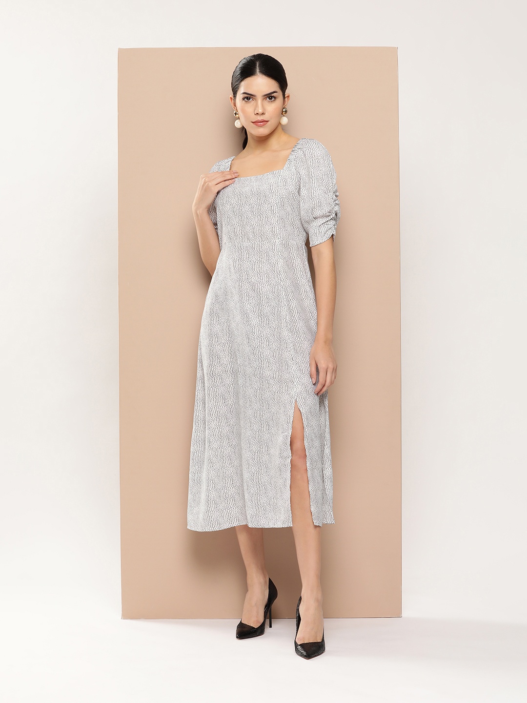 

her by invictus Printed Puff Sleeve A-Line Midi Dress, White