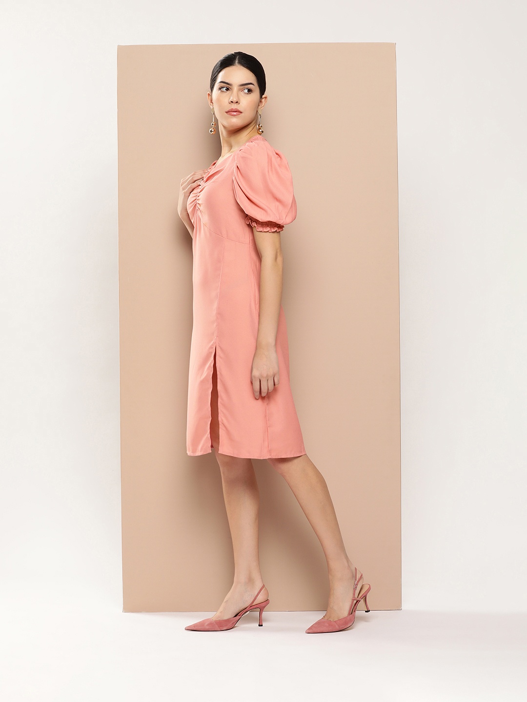 

her by invictus Puff Sleeve A-Line Midi Dress, Pink