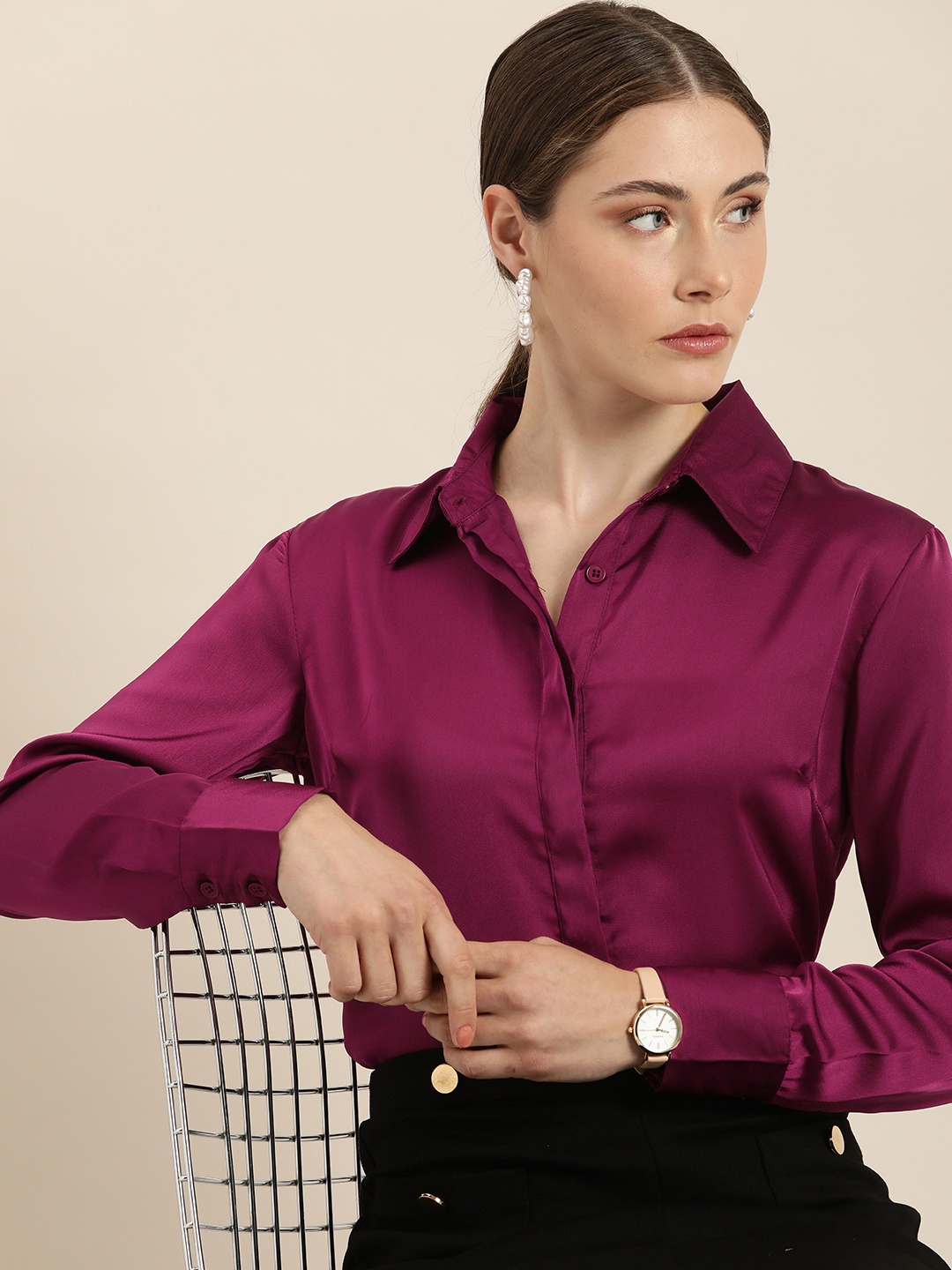 

her by invictus Women Satin Finish Spread Collar Casual Shirt, Magenta