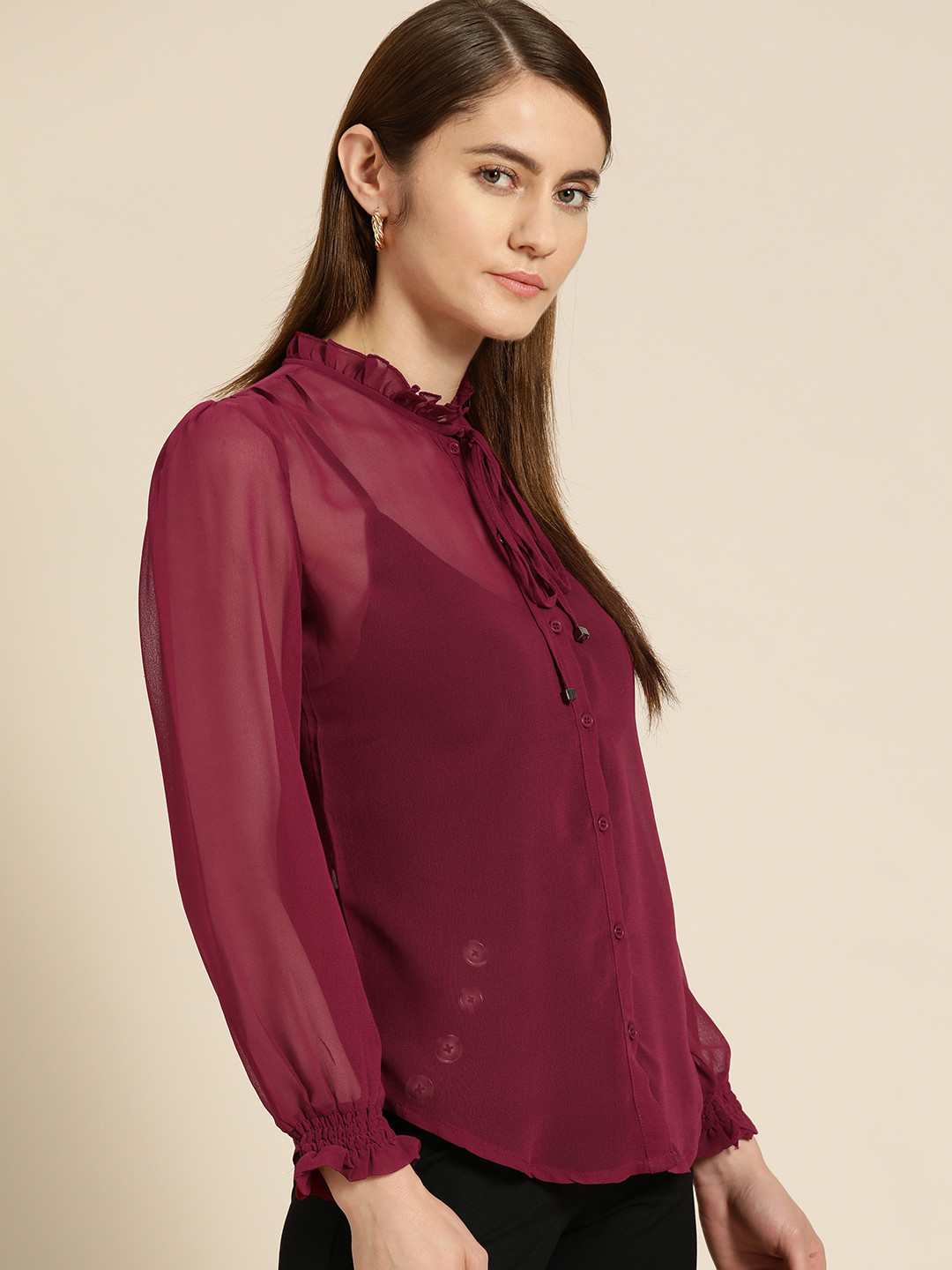 

her by invictus Valentine Special Semi Sheer Smart Casual Shirt, Maroon