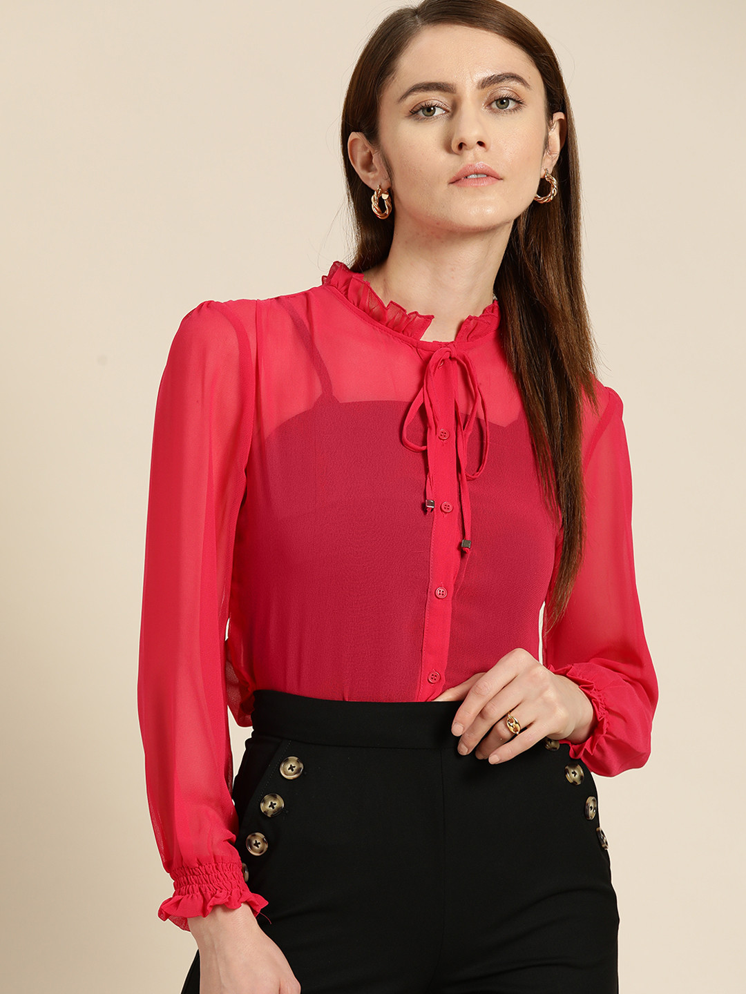 

her by invictus Semi Sheer Valentine Special Smart Casual Shirt, Pink