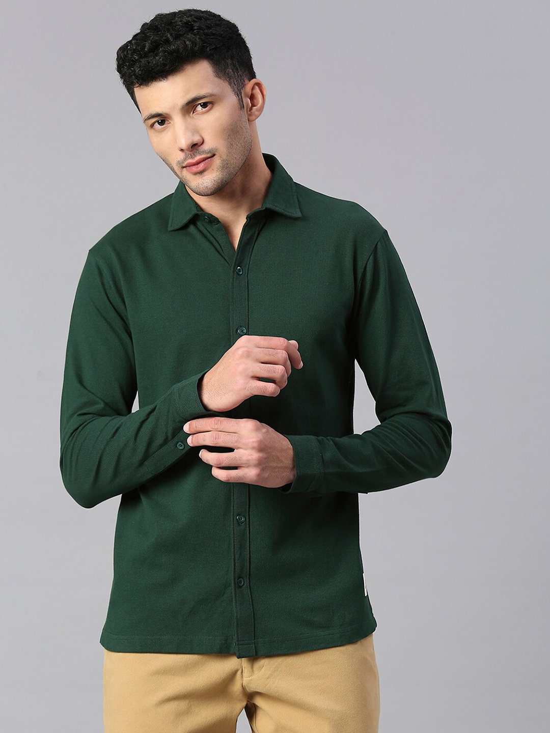 

Hubberholme Men Classic Pure Knitted Cotton Casual Shirt, Green