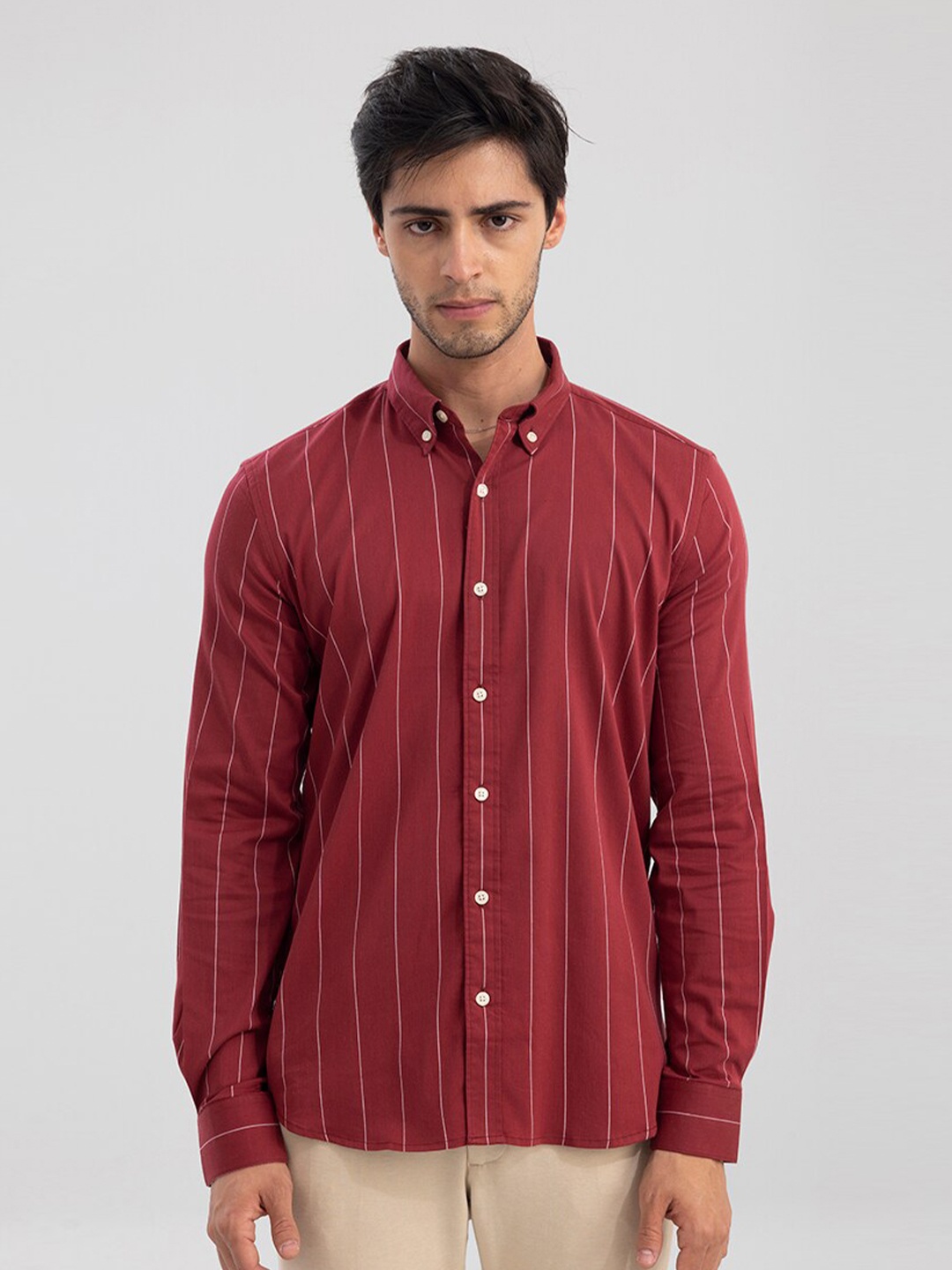 

Snitch Men Slim Fit Striped Cotton Casual Shirt, Red