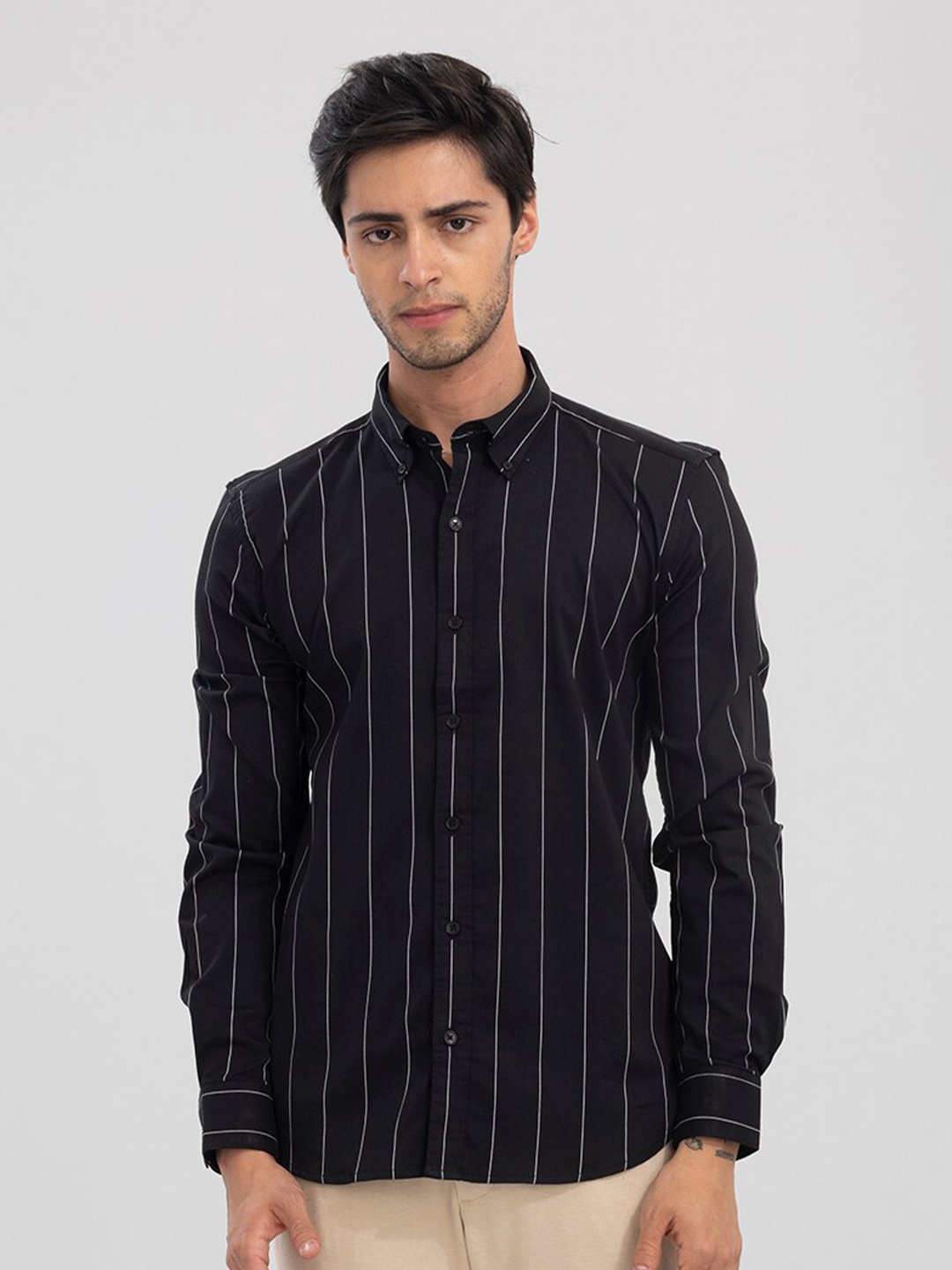

Snitch Men Slim Fit Striped Cotton Casual Shirt, Black