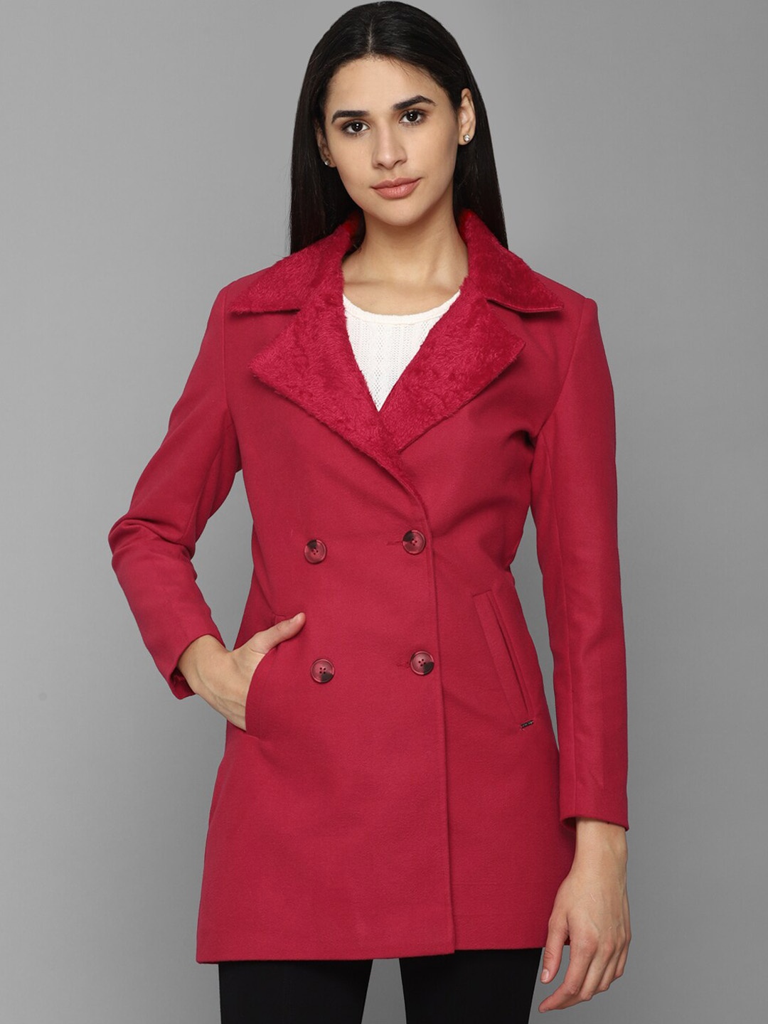 

Allen Solly Woman Cotton Faux Fur Trim Longline Overcoat, Red