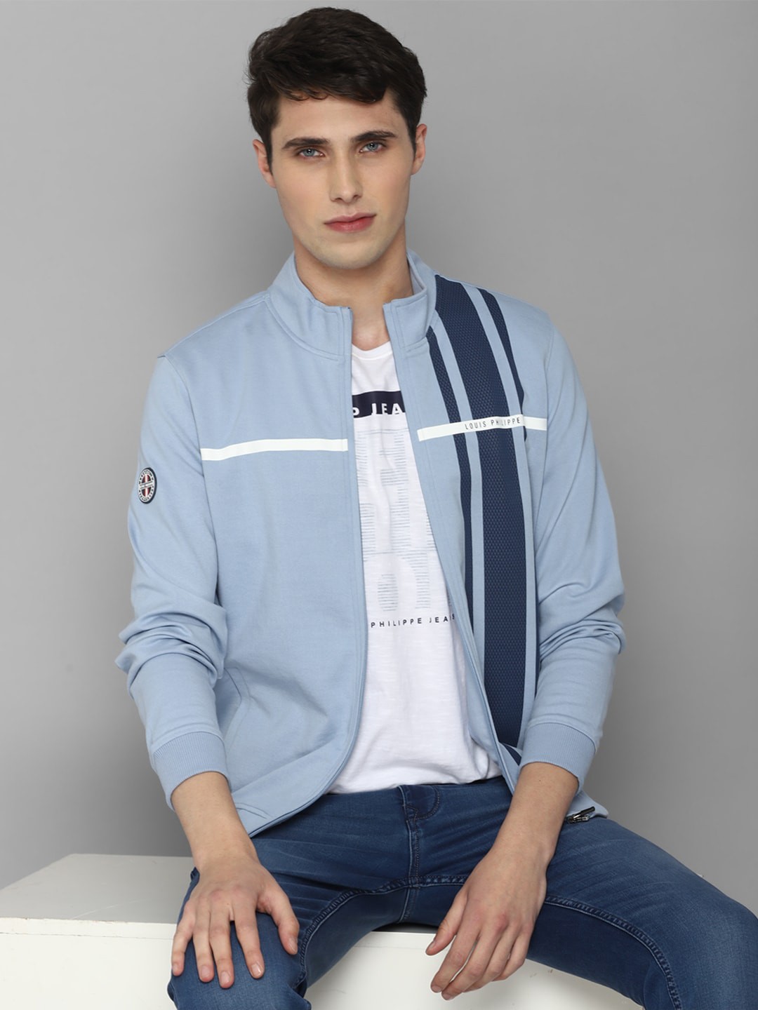 

Louis Philippe Sport Men Striped Pure Cotton Sporty Jacket, Blue