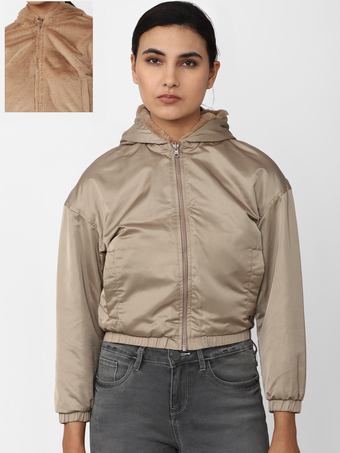 

Van Heusen Woman Women Cotton Hooded Reversible Crop Bomber Jacket, Brown