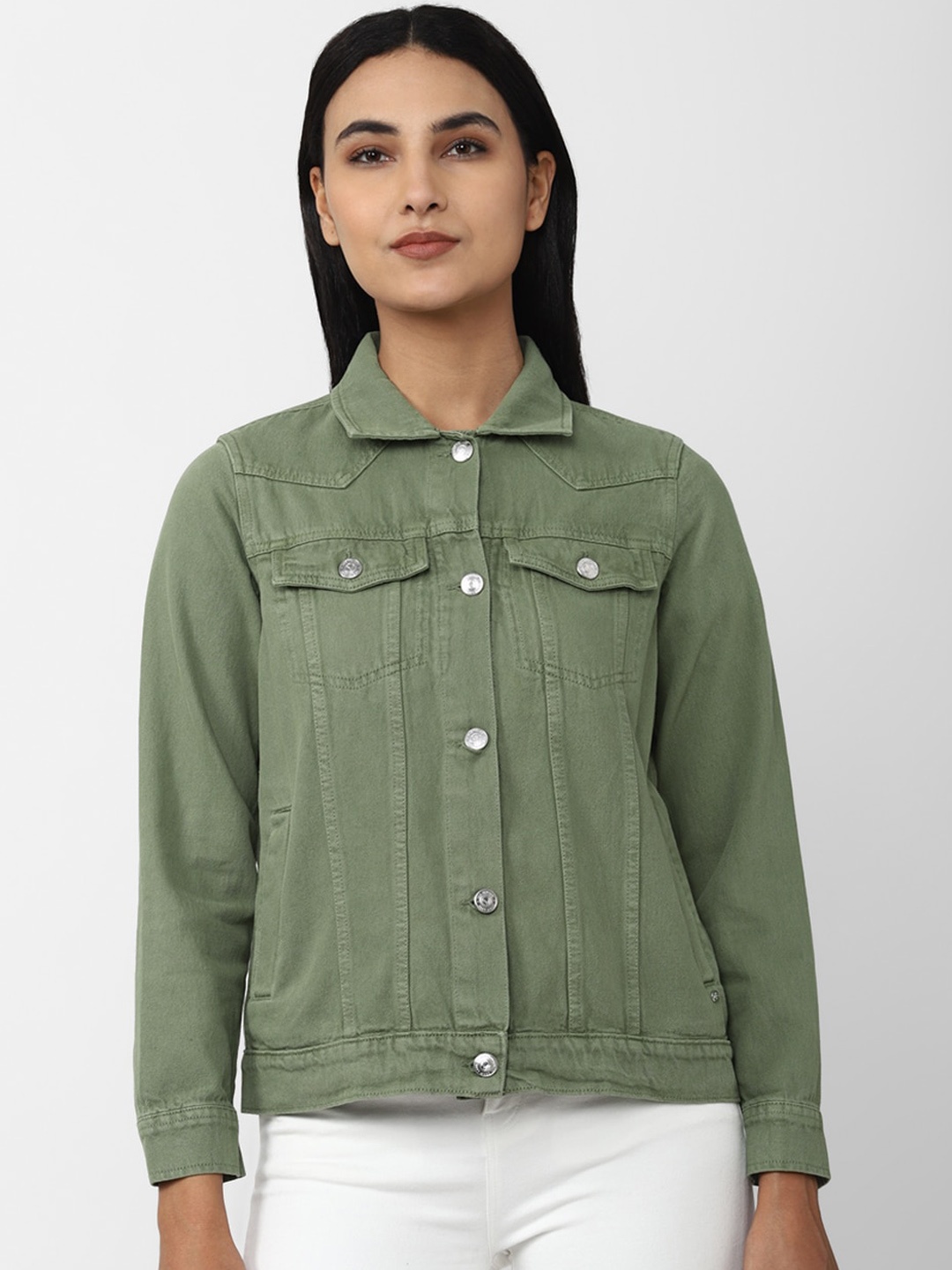 

Van Heusen Woman Women Cotton Spread Collar Denim Jacket, Olive