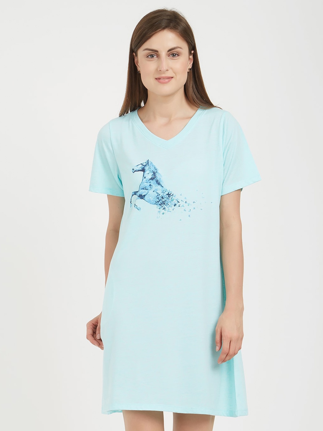 

Soie Graphic Printed Knee Length Nightdress, Blue