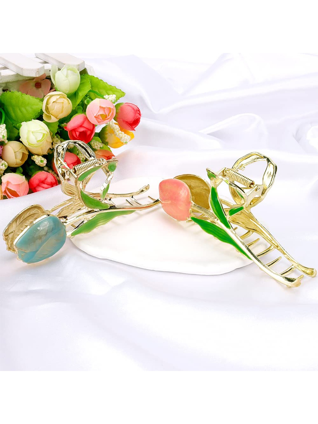

VAGHBHATT Women Pink & Green Set of 2 Claw Clip