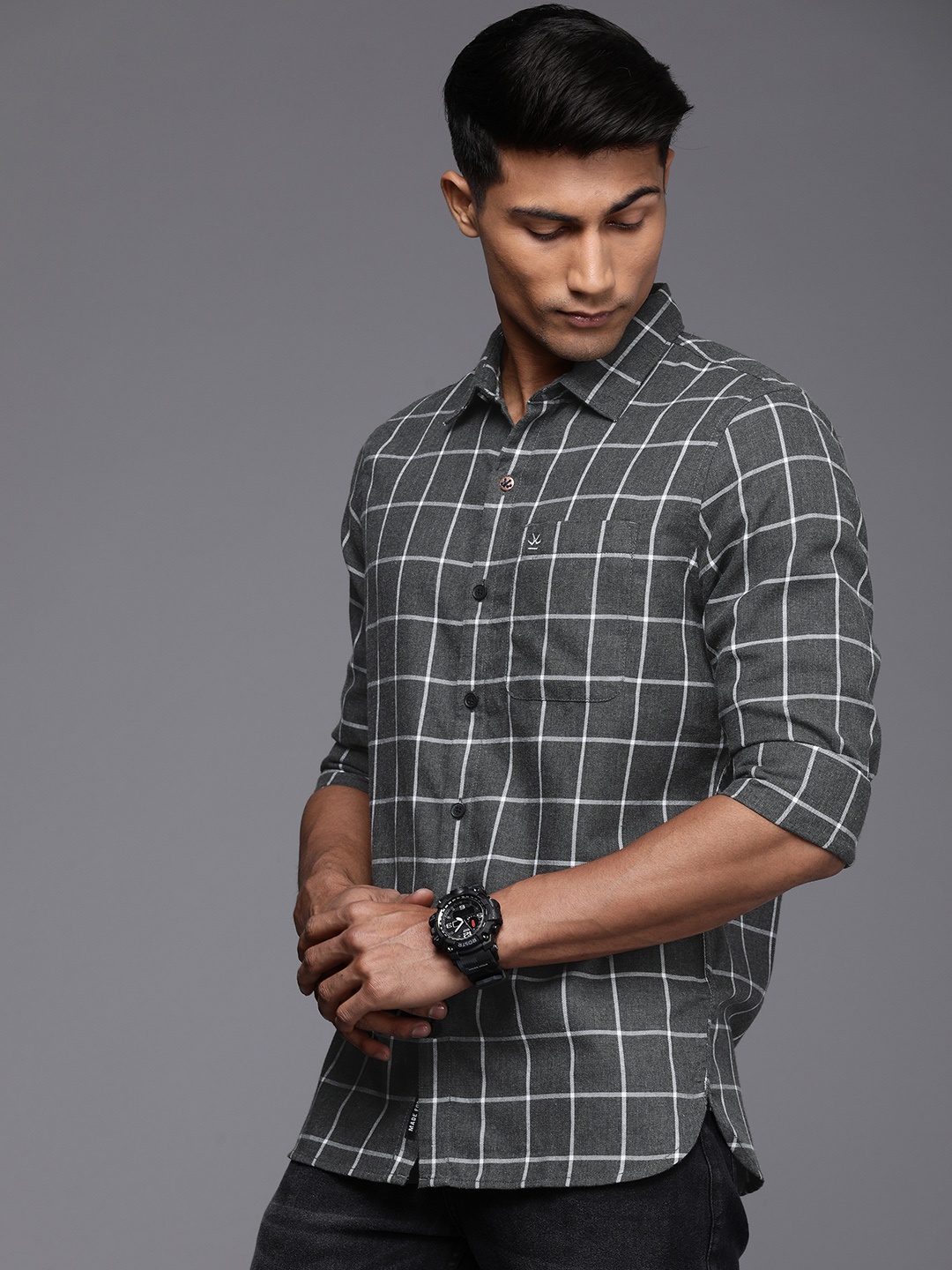 

WROGN Men Slim Fit Windowpane Checks Casual Shirt, Grey