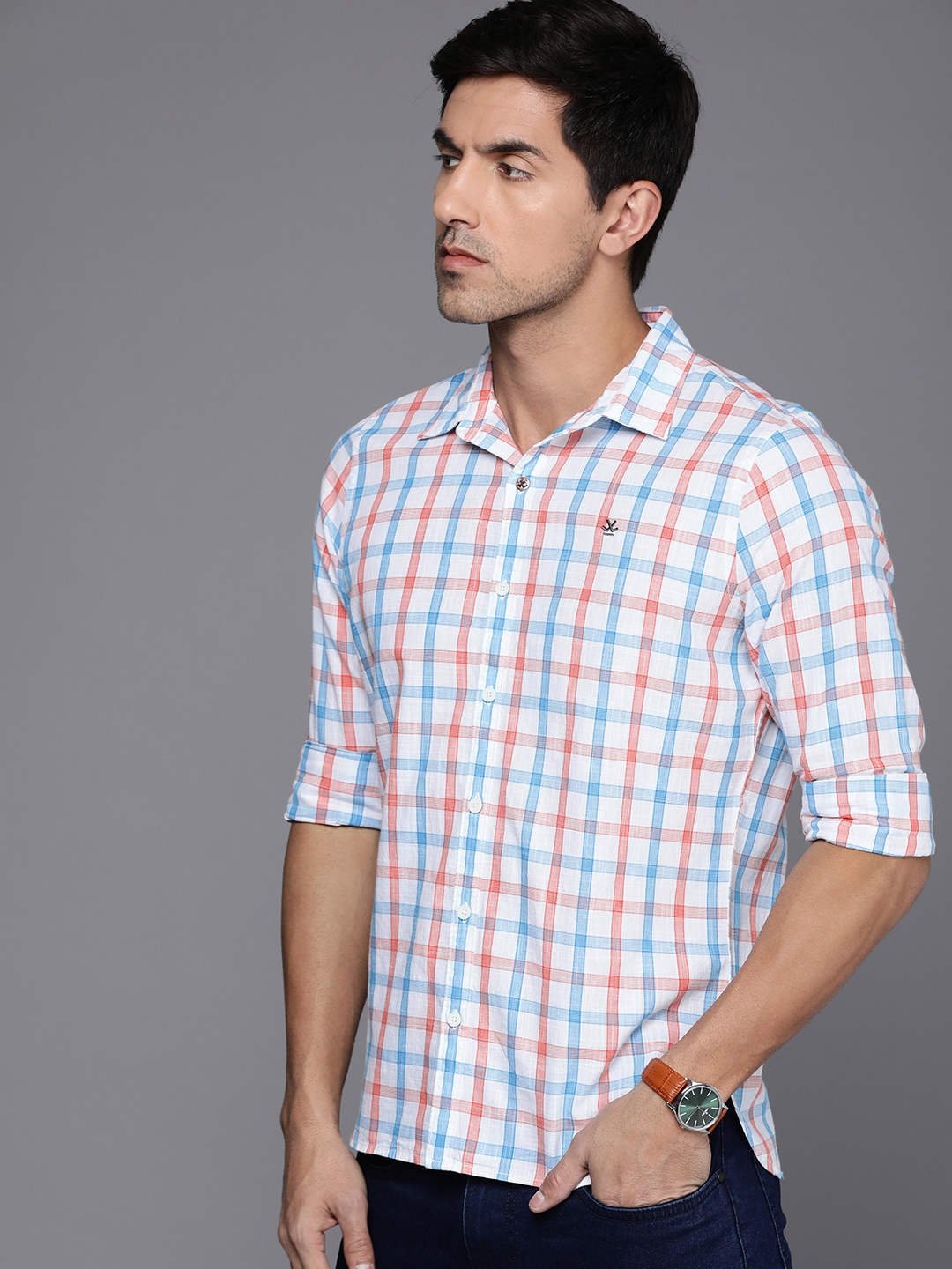 

WROGN Men Pure Cotton Slim Fit Tartan Checks Casual Shirt, White