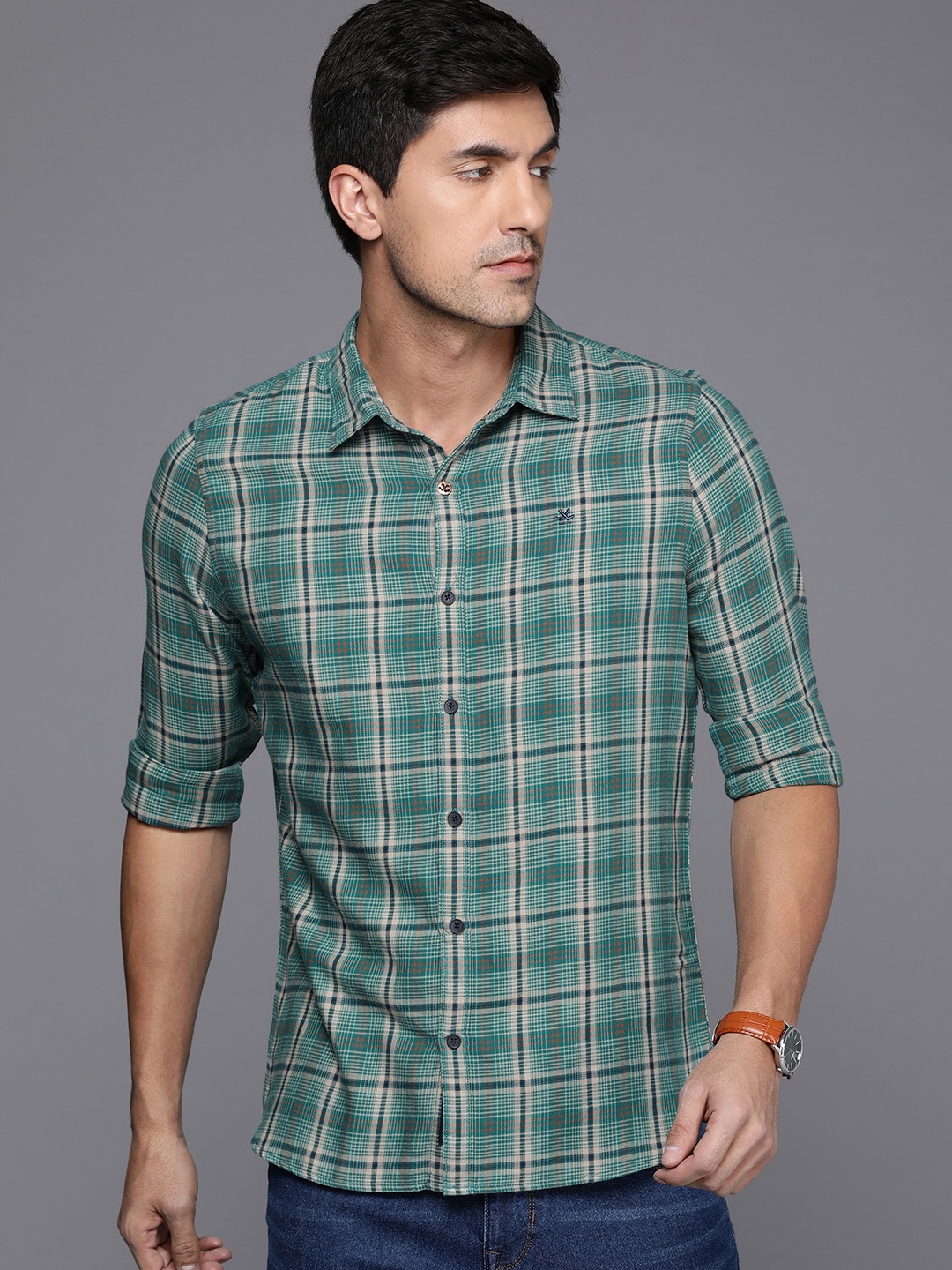 

WROGN Men Slim Fit Tartan Checks Casual Shirt, Teal